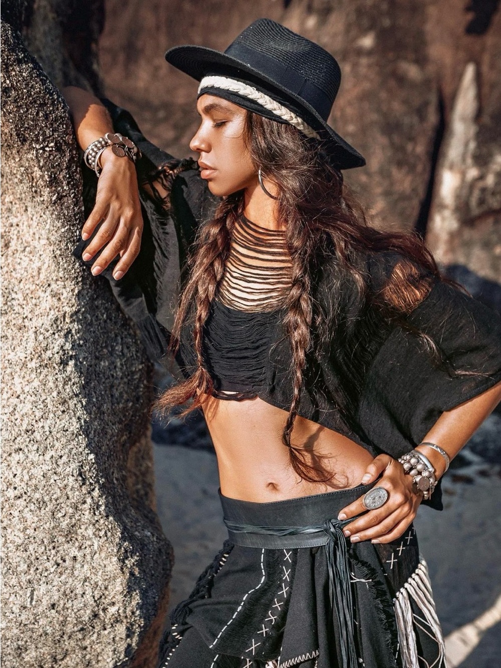 AYA Sacred Wear Black Hand Loomed Raw Cotton Crop Top - OS